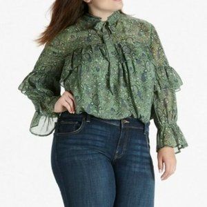 Lucky Brand Floral Paisley Puff Sleeve Riffle Top with Neck Tie Green